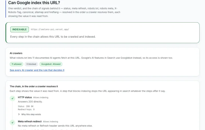 Indexability section of the sample report: an INDEXABLE verdict, then the HTTP status, meta refresh and robots.txt steps, each with the value it was read from