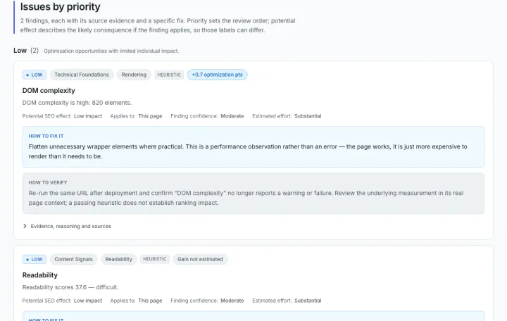 Issues list in the sample report, each issue showing its priority, the observed evidence and a recommended fix